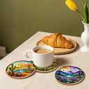 ANATTASOUL Coasters Set of 9 Landscapes Pattern Colorful Wooden Coasters Bulk Round Housewarming Gift for New Home, 3.9" Decorative Coffee Table Protection for Farmhouse Bar House Decor