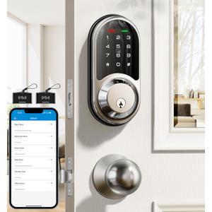 Veise RZ06C Smart Locks for Front Door, 2 Knob Handle Set, Keyless Entry Deadbolt, App Control, Electronic Touchscreen Digital Keypad, Auto Lock, Easy Installation, IP54 Waterproof, Satin Nickel