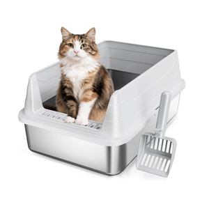 Stainless Steel Cat Litter Box, Odor Free Metal Litter Box with High Sides Lid, Open Top Low Entry Litter Pan Include Scoop Easy Cleaning AntiScratch Kitty Cat Box AntiUrine Leakage, NonSticky, M