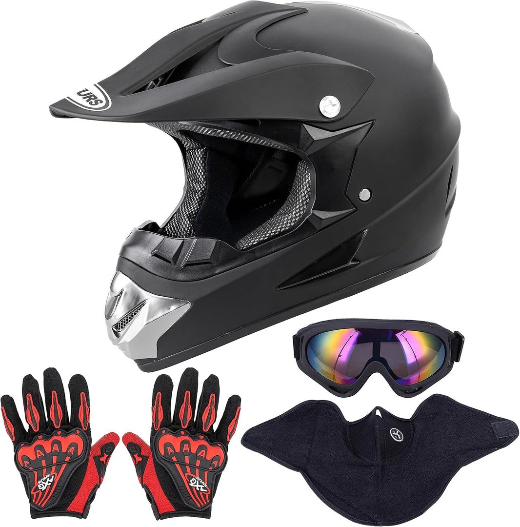 Adult Motocross Dirt Bike Helmet with Goggle, Gloves & Mask - DOT/FMVSS-218 Off-Road Motorcycle & ATV Helmet with Adjustable Sun Visor (Small, New Black)