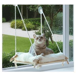 Cat Window Perch, Cat Hammock with Cushion Bed, Solid Wood Seat & Strong Suction Cups, Safety Window Bed for Indoor Cats