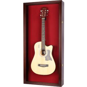 DisplayGifts 45" LARGE Acoustic Guitar Display Case Cabinet, Fit most Guitars, with Lock, Mahogany Finish (Red Background, Mahogany Finish)