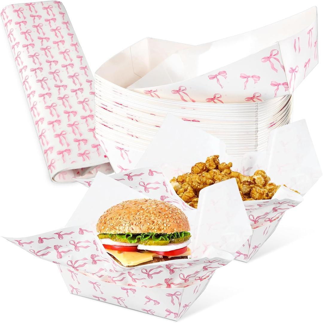100 Pcs Pink Bow Party Supplies 50 Disposable Food Trays with 50 Wax Paper Sheets 2 lb Kraft Paper Serving Boats for Snacks Nachos Finger Foods Coquette Birthday Picnic Party Decorations