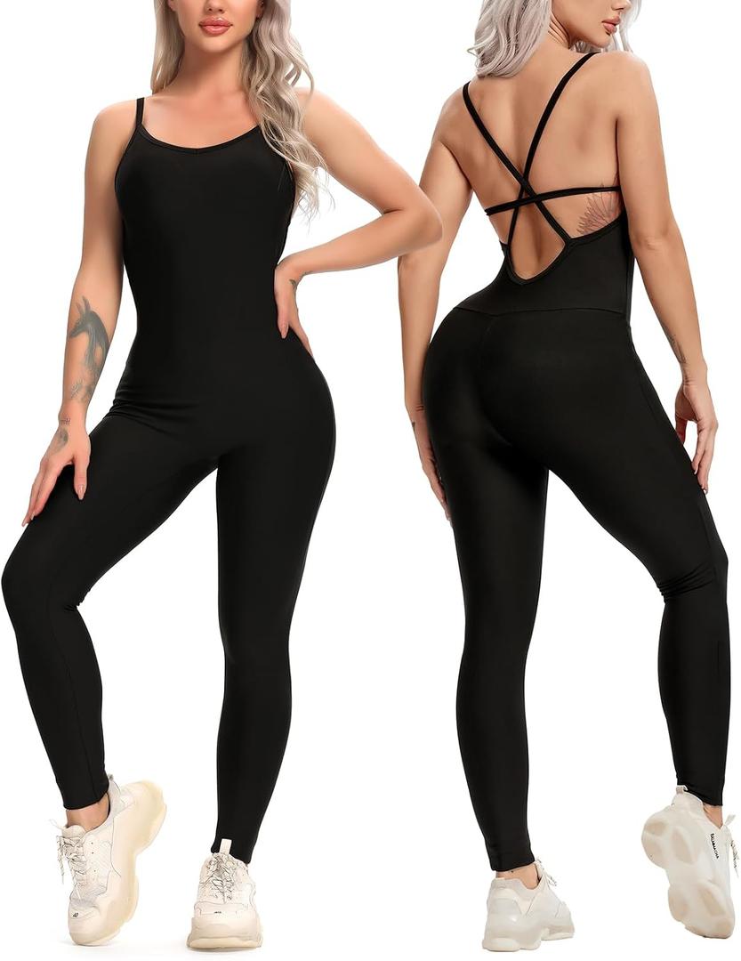 KIWI RATA Womens Sexy Bodycon Backless Jumpsuit Workout One-Piece Cacual Sculpted Bodysuit Sport Romper (Black, XL)