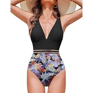 AI'MAGE One Piece Swimsuit Women 2025 Sexy Mesh Tummy Control Bathing Suits Swim Suit Deep V Neck Swimwear Purple Leaf L