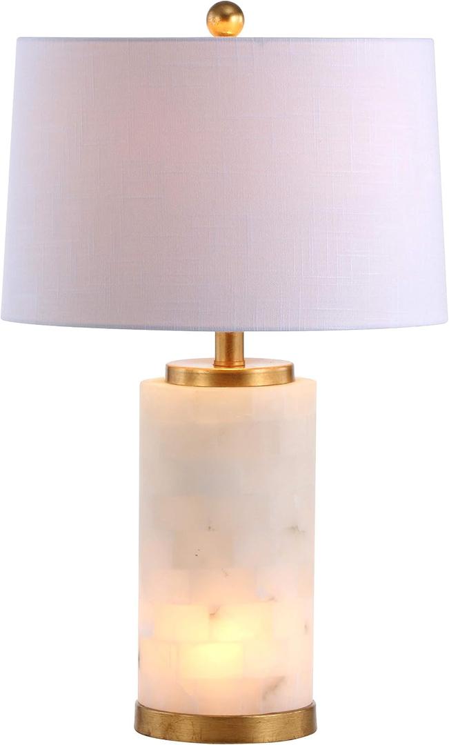 JONATHAN Y 25.5" White/Gold Leaf Alabaster 2-Light Rectangular Table Lamp with Night Light Modern Coastal Bedside Lamp for Bedroom with White Linen Drum Shade LED Bulbs Included JYL6203A