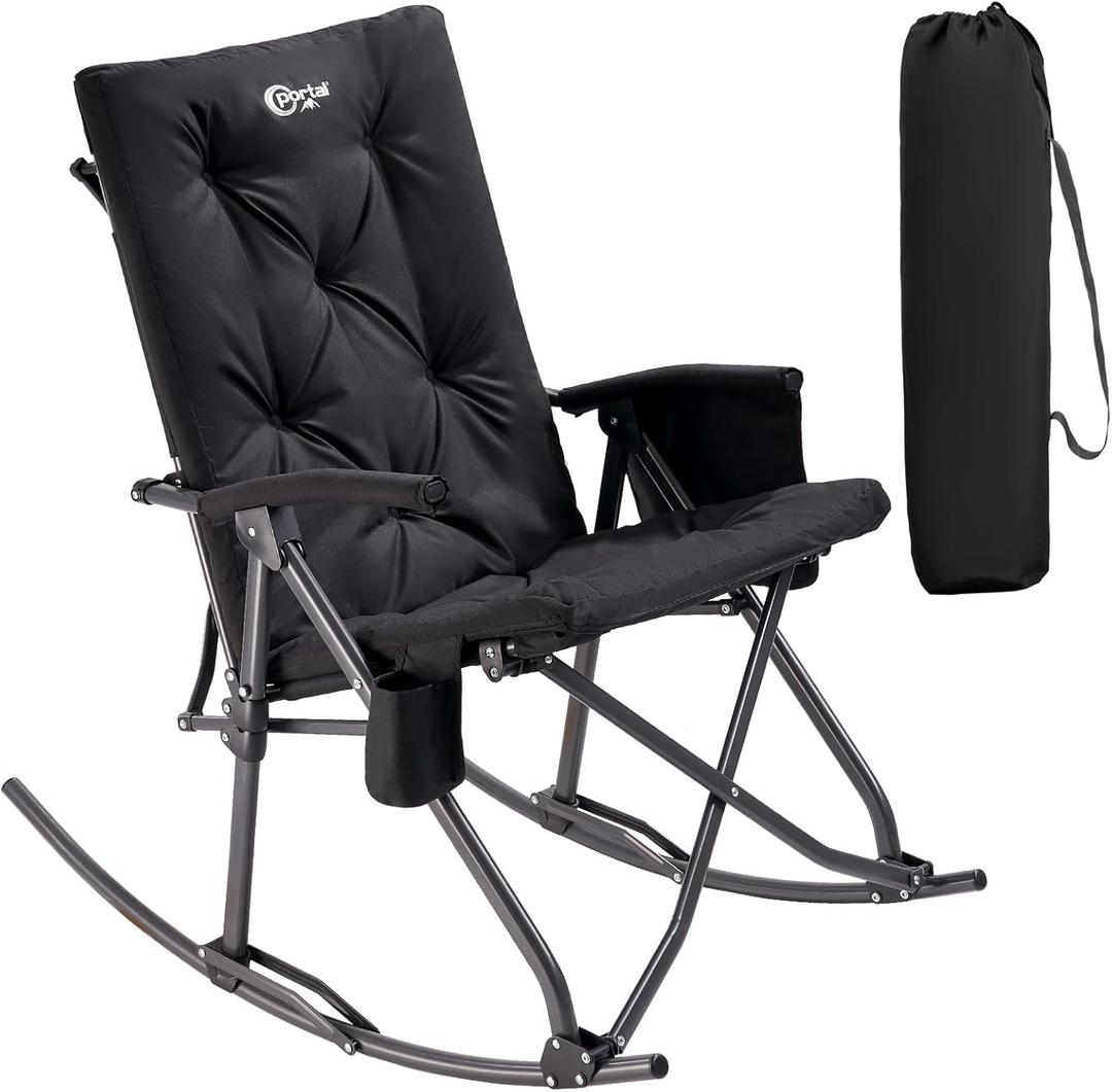 Portal Folding Rocking Camping Chair Outdoor - Thick Padded Rocking Recliner Chair Portable Camping Rocker for Patio Front Porch Backyard Lawn Living Room, Supports 400 LBS (Black)