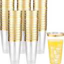 LIYH 100 Pcs Gold Plastic Cups - 16 oz Clear and Gold Rim Plastic Cups, Big Size Fancy Disposable Party Cup Beverage Drinking Cup for Party & Wedding
