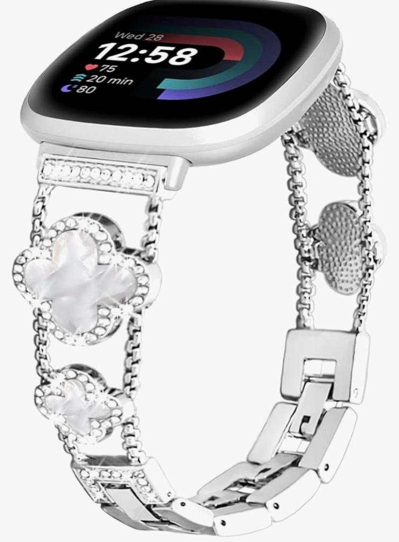 for Metal Bands, Compatible with Fitbit Versa 4/Versa 3/Fitbit Sense 2/Sense Band Smart Watch, Diamond Four Leaf Clover Stainless Watch Strap for Women