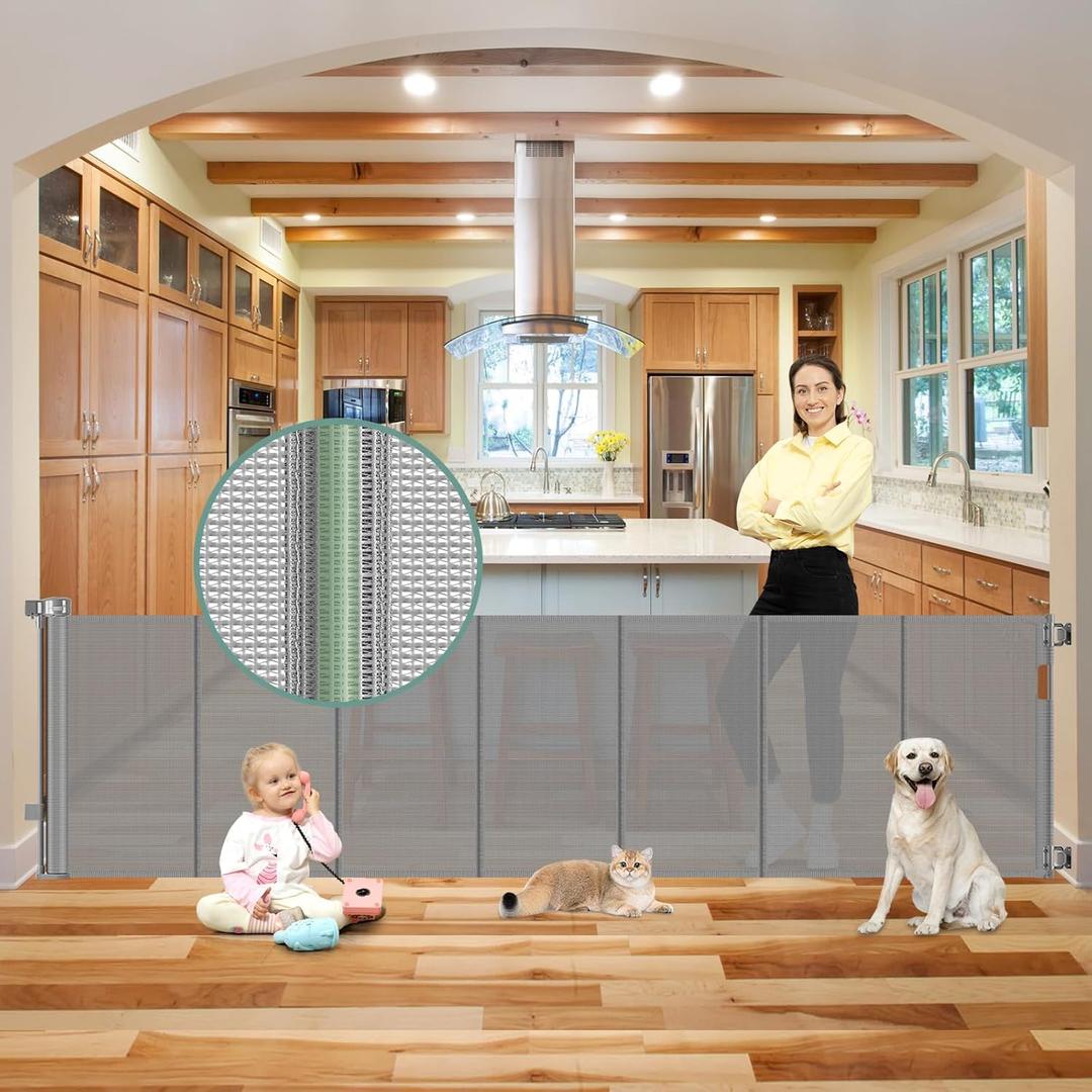Reinforced 100 Inch Extra Long Baby Gates for Large Openings to Prevent Crawling Under, No Bottom Bar Extra Wide Retractable Baby Gate for Stairs, 8 ft Mesh Child Gate for Parent/Pet Owner Use, Gray