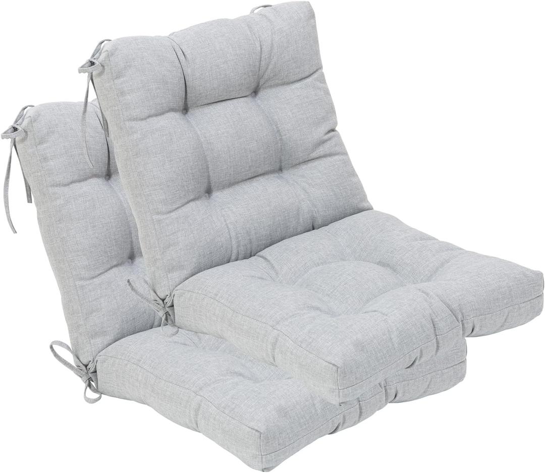 QILLOWAY Outdoor Chair Cushion for Patio Furniture, Waterproof Patio Cushions Set of 2 with Ties, Fade Resistant Replacement Pads for Outdoor Rocking Chairs,Gray,White