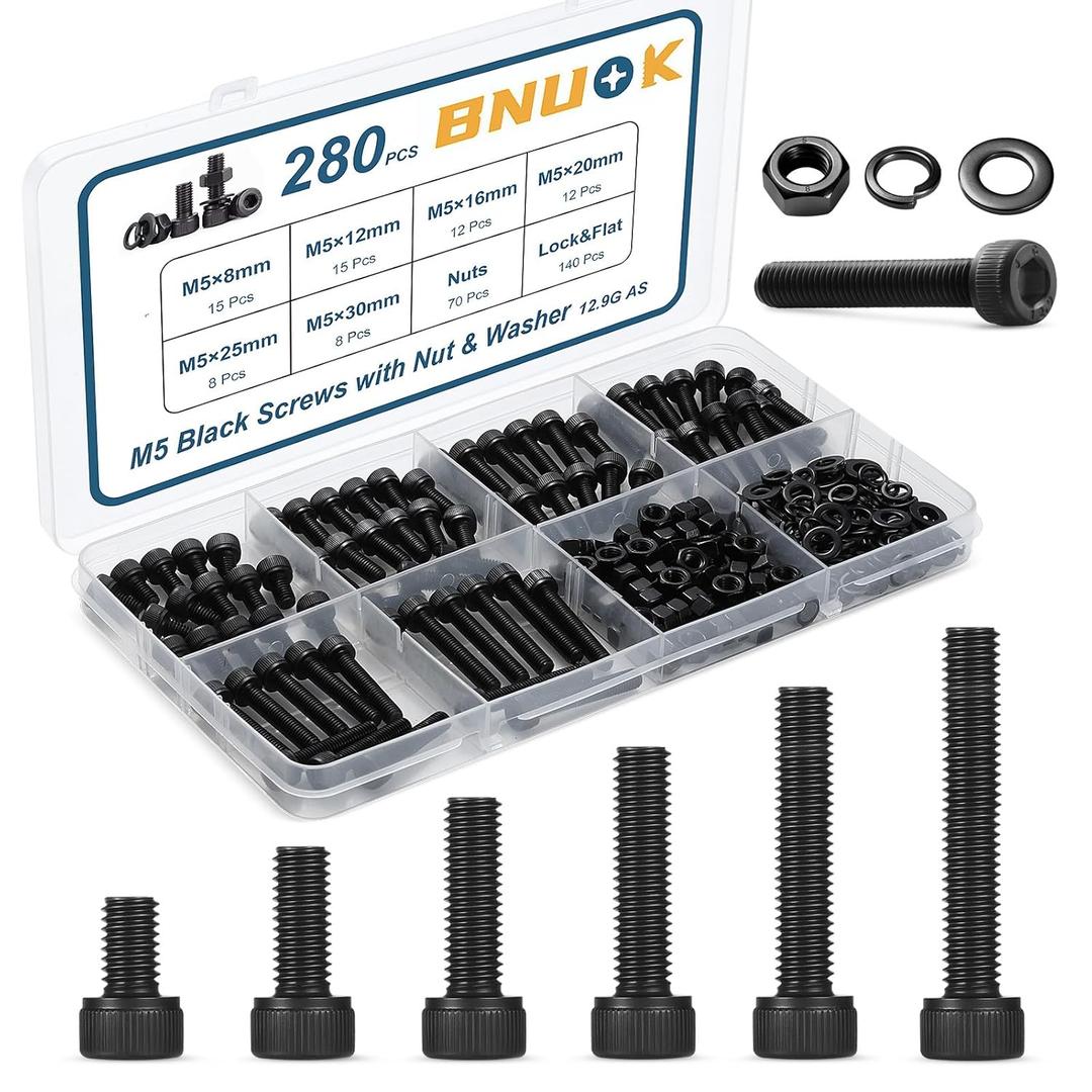 280 PCS M5 Screws Assortment Kit, 12.9 Grade Alloy Steel M5 Bolts Kit, M5x 8/12/16/20/25/30mm, Hex Socket Head Cap Screws Bolts Nuts Washers Set (Black)