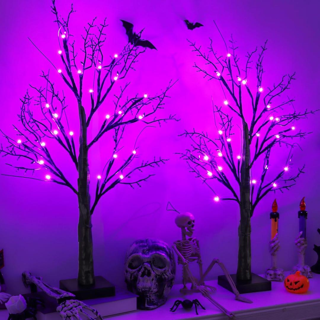 Halloween Indoor Decorations 2 Pack 24 Inch Black Halloween Tree with 24 Purple Led Lights, Timer/USB/Battery Operated Lighted Spooky Tabletop Tree for Halloween Decor Home Table Holiday Party