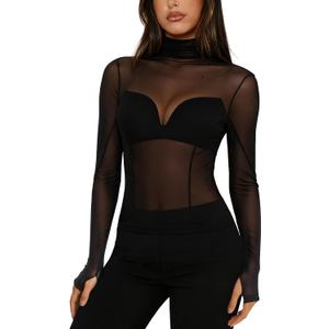 Women's Mesh Sheer Long Sleeve Tops Sexy See Through Mock Neck Going Out Shirts (Medium, Black)