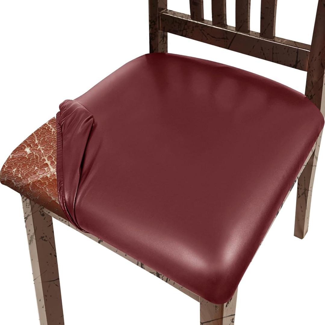 Pu Leather Dining Chair Seat Covers Set of 4, Waterproof Kitchen Chair Covers Stretch Chair Cover for Kitchen/Dining Room/Hotel, Tasteless seat Covers for Chairs (Wine Red - 4 PCS)