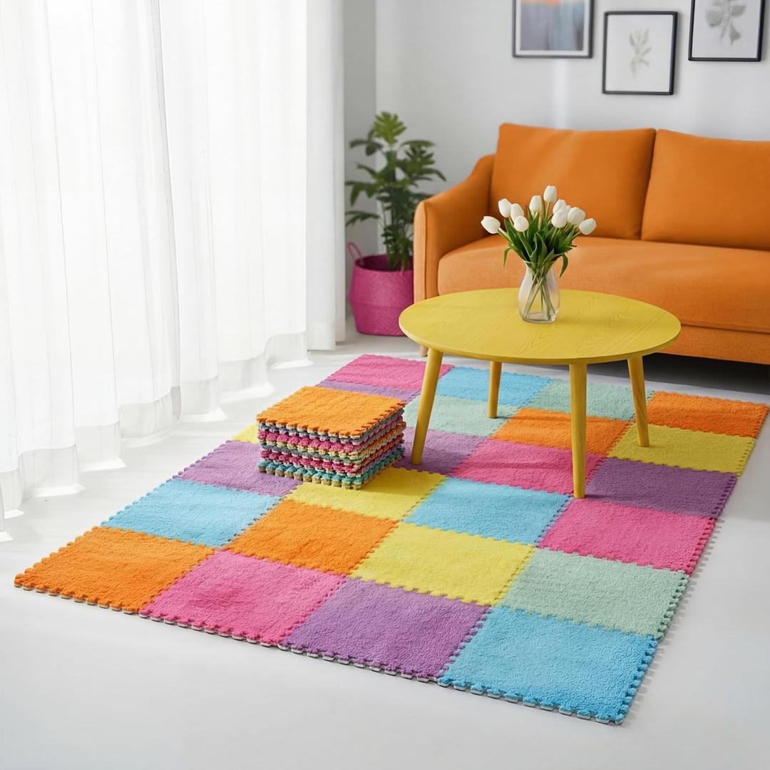Tinideya Plush Interlocking Carpet Tile, Foam Puzzle Mat, Macaron, 72 Pcs