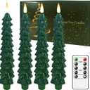Christmas Tree Flameless Taper Candles with Remote and Timer, Battery Operated Warm 3D Wick Flickering Green Candles LED Window Candlesticks Holiday Decor Set of 4