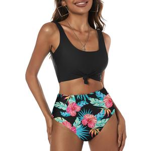 ZAFUL Women's High Waisted Tankini Swimsuit Scoop Neck Ruched Bikini Set Tummy Control 2 Piece Bathing Suit (Large)