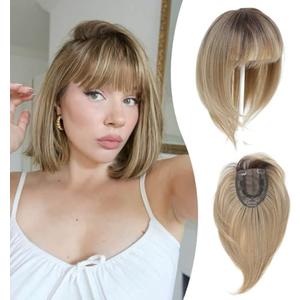 Ms Taj 12 Inch Hair Topper with Bangs, 360° Cover Synthetic Clip in Bangs, 4"x5" Bangs Natural Straight Fiber Hair Toppers for Women, Breathable & Comfortable for Daily Wear(Ombre Brown Blonde)