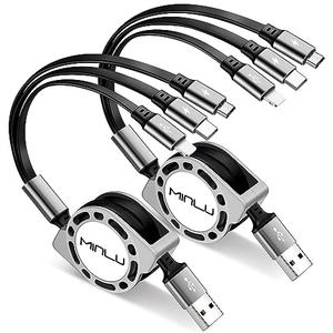 Multi Charging Cable 3A, [2Pack 4ft] Retractable Multi Charging Cord 3 in 1 Fast Charger Cord, USB C Charger Adapter with Lightning/Type C/Micro USB Ports for Cell Phones/iPhone/Samsung/PS/Tablets