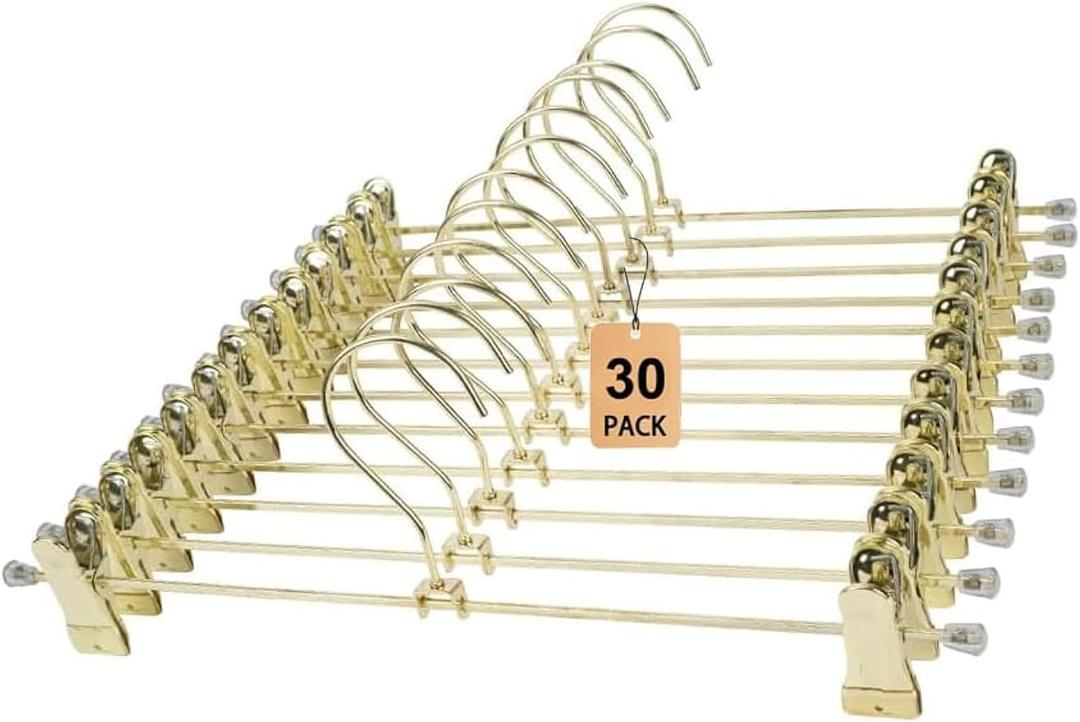 13.8" Gold Metal Wire Clips Hangers with Adjustable Clips - 30 Pack Pants Hangers with Clips Metal Perfect for Pants Trouser Underwear Bottom Clothes Heavy Duty Space Saving Closet Organization