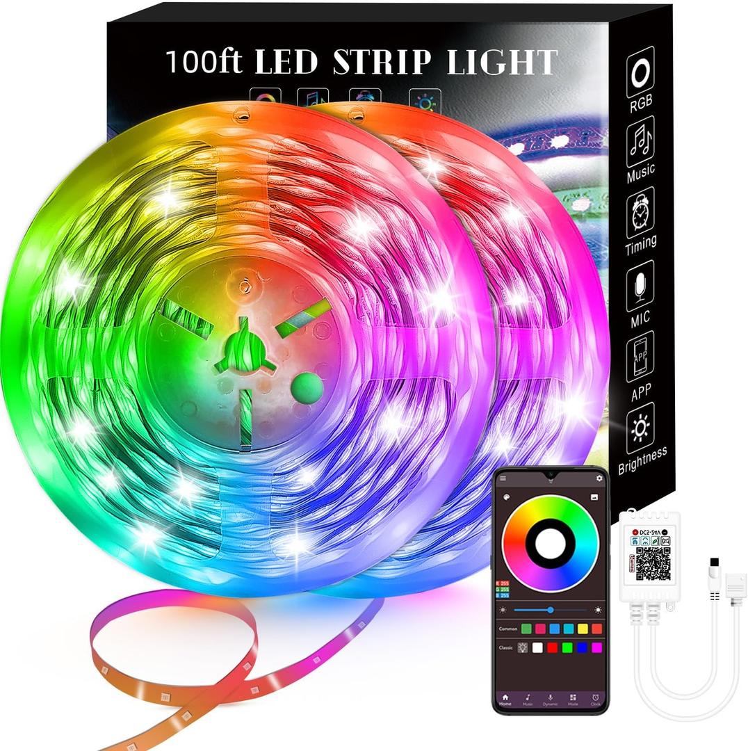 100FT Smart LED Strip Lights , RGB Strip Lights Sync to Music with 40 Key Remote Controller LED Lights for Bedroom, Christmas Lights decration (Multi-Colored, 100FT)