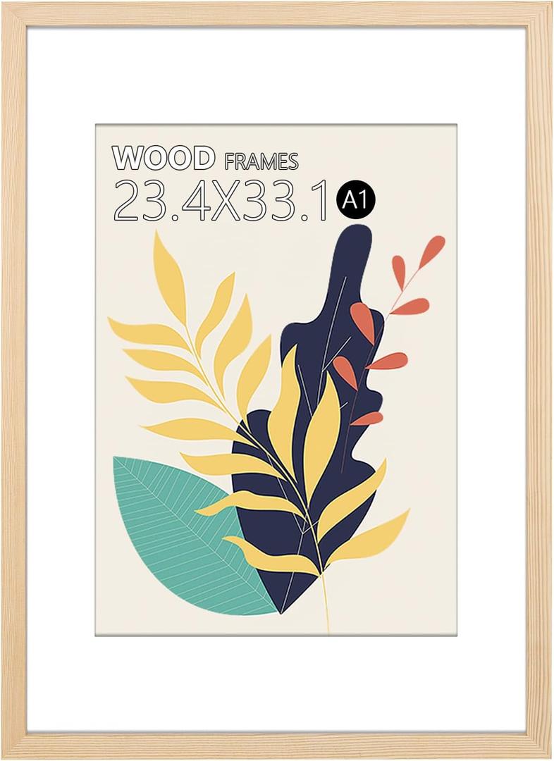 A1 Poster Frame,23.4x33.1 Natural Soild Wood Picture Frames with Polished Plexiglass,Easy to Hang,Display Picture A1 without Mat or A2 with Mat for Wall Mounting Horizontally and Vertically (Natural)