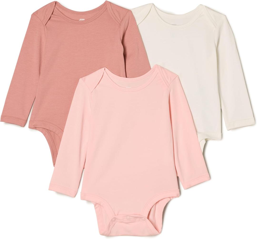 Amazon Essentials x Sofia Grainge Unisex Babies' Cotton Long Sleeve Crew Neck Bodysuit, Pack of 3 (Newborn, Ivory/Pink/Terracotta)
