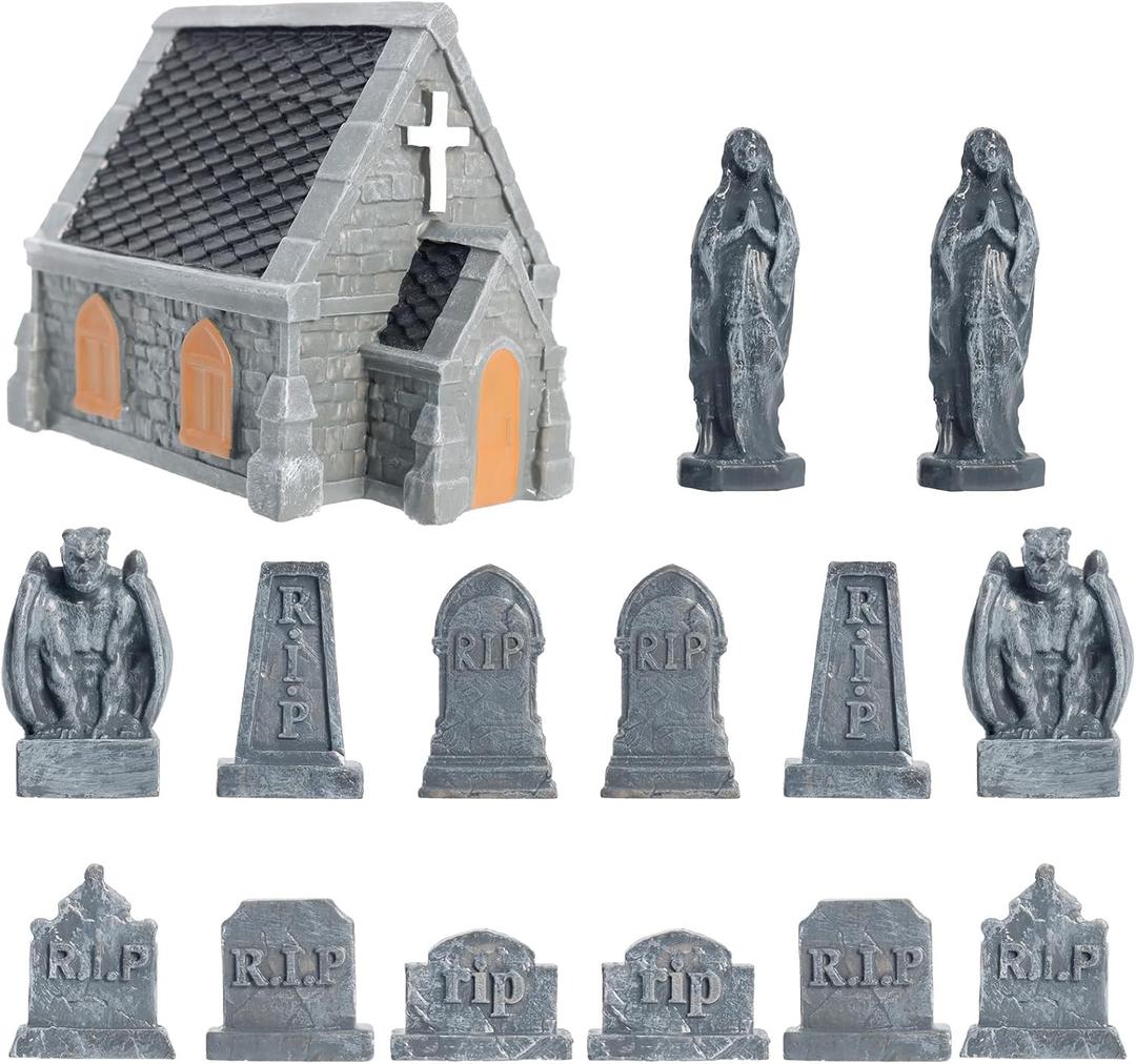 Rileryan 15 PCS Miniature Church Tombstones Gargoyle Virgin Figurines DIY Graveyard Scenes for Halloween Village Decorations Accessories Cemetery Terrain Scenery