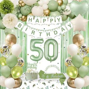 50th Birthday Decorations for Women, Sage Green 50th Bday Decorations for Her Happy Birthday Banner Green Gold Balloons Crown Sash Fringe Curtain Tablecloth Cake Topper for Her Bday Decor