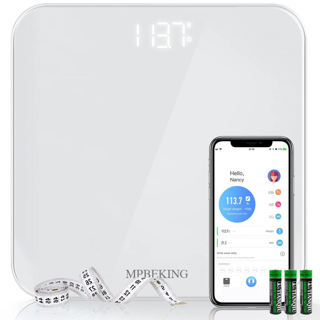 Scale for Body Weight, High Accuracy Bathroom Digital Scales, Bluetooth Weighing Scale, Unlimited Users, LCD Display, Round Corner Disign, Compact Size with Sturdy Tempered Glass 400lb- White