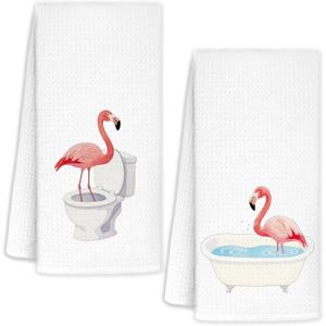 Pink Flamingo Hand Towels Set of 2, Flamingo Bathroom Decor, Pink Flamingos Gifts Decorative Hand Towels for Girls Bathroom Washroom, Tropical Bird Kitchen Towels, 16x24 Inch