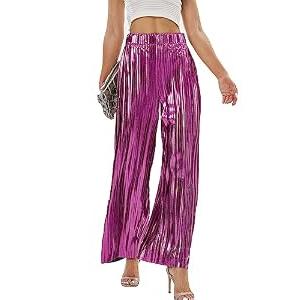 heipeiwa Women's Shiny Pleated Wide Leg Pants Party Nightout High Elastic Waist Trouser Outfit Clubwear Hot Pink Medium