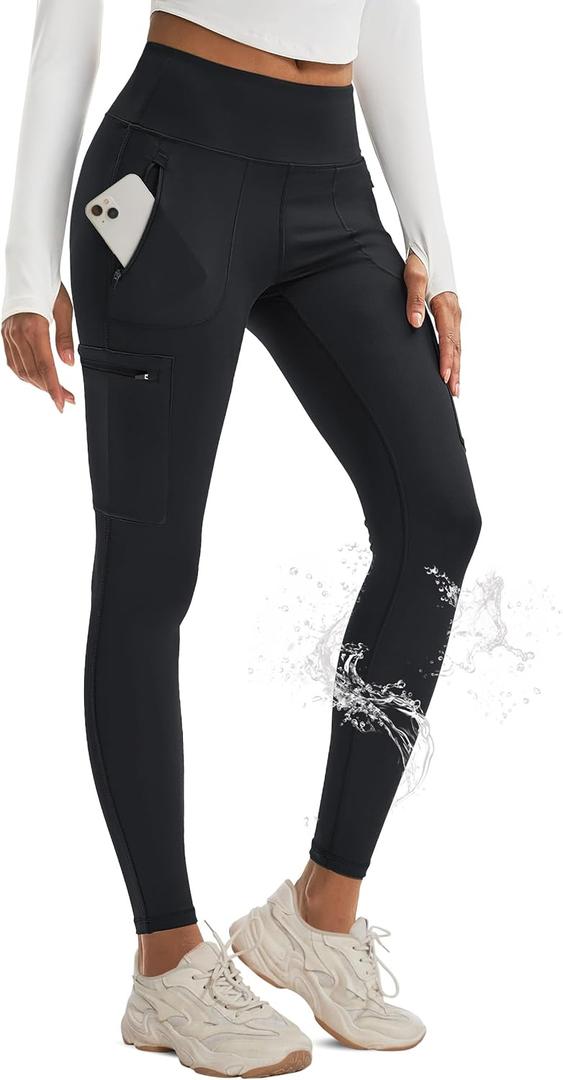 MAGCOMSEN Hiking Leggings Women with 4 Zipper Pockets Water Resistant High Rise Cargo Leggings Outdoor Athletic Pants (Medium, Black)