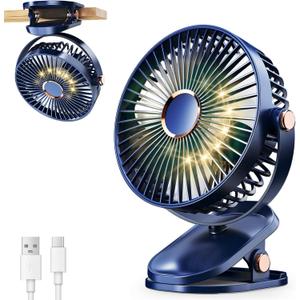 iNeibo 4000mAh Portable Clip on Fan with LED Lights, Battery Operated USB Desk Fan,4 Speed Quiet Rechargeable Mini Table Fan, 360 Rotate Personal Cooling Fan for Home Office Stroller Camping Blue