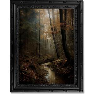 Dark Moody Forest Stream Framed Wall Art, Moody Aesthetic Landscape Canvas Print with Ornate Black Carved Frame, Witchy Gothic Dark Academia Decor for Bedroom, Living Room & Halloween, 24"L x 16"W
