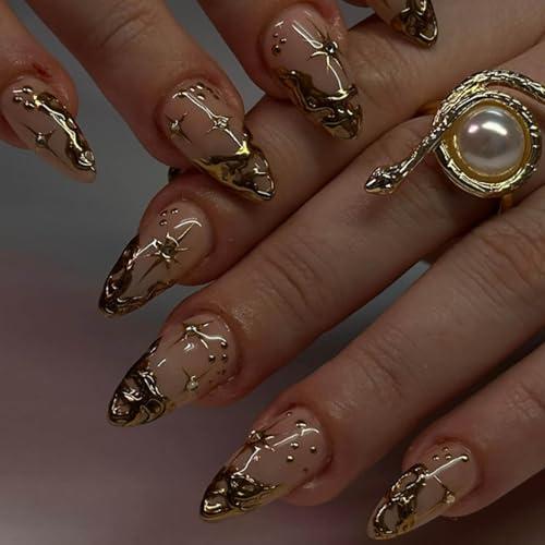 Hkanlre Almond Fake Nude Nails Tips Full Cover False Medium Nails Summer Flower Press on Nails for Women 24PCS