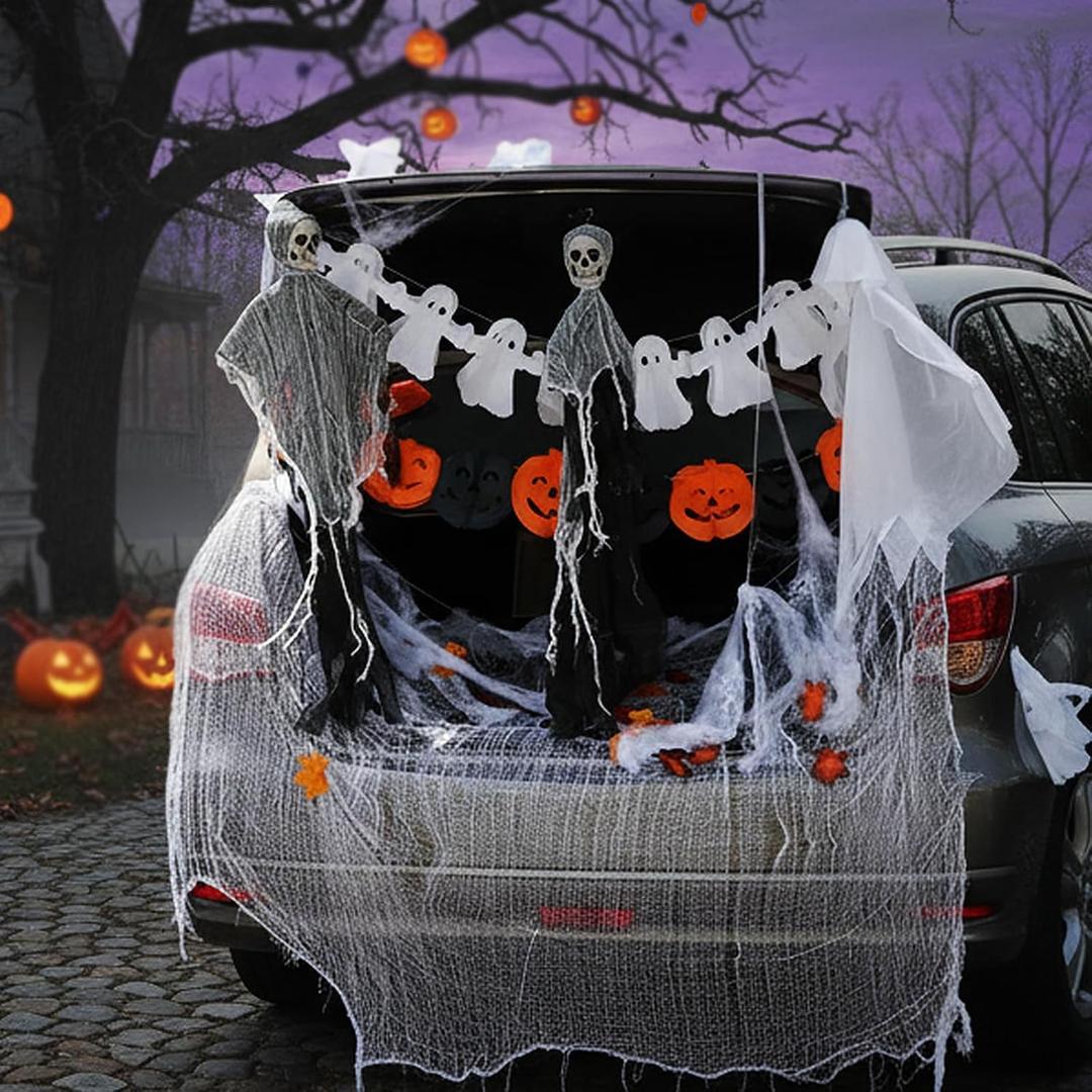 Leyndo 117 Pcs Halloween Trunk or Treat Car Decorations Kit with Hanging Skeleton Ghost, Cloth Ghost, Pumpkin Garlands, Balloons, Spider Web, Maple Leaf for Home Outdoor Party Decors