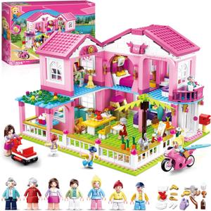 Mavo brix Friends Beach Pink House Building Sets for Girls 6-12, Seaside Villa House Compatible with Lego Friends, Come with 7 Minifigures Dolls, Motorcycle and Kitchen Accessories, STEM Educational