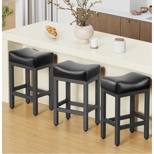 Counter Height Bar Stools Set of 3, 24 Inch Barstools for Kitchen Island Counter, Bonded Leather Kitchen Stools with Saddle Seats & Metal Base, Easy Assembly, Black