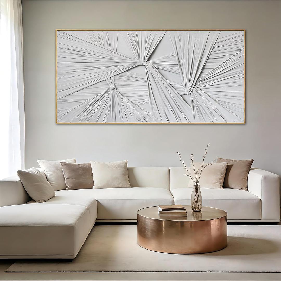 White Abstract Framed Canvas Wall Art, Textured Sculptural Minimalist Artwork, Modern Neutral Wall Decor for Living Room Bedroom Office, Above Sofa, 24x48 Inch