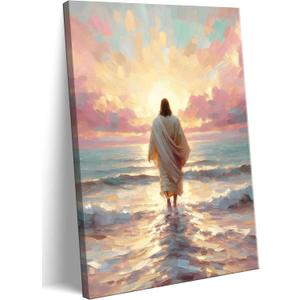 Pink Jesus Walking On Water Canvas Wall Art Christian Bible Paintings Prints Religious Spiritual Faith Wall Decor Religious Savior Posters Pictures for Living Prayer Church Bedroom Framed, 24"L x 16"W