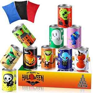 12 Pcs Halloween Party Games for Kids Adults Halloween Carnival Bean Bag Toss Games Metal Cans with 3 Bean Bags in Gift Box Boo Basket Stuffers Gifts for Holiday Trick or Treat Party Supplies