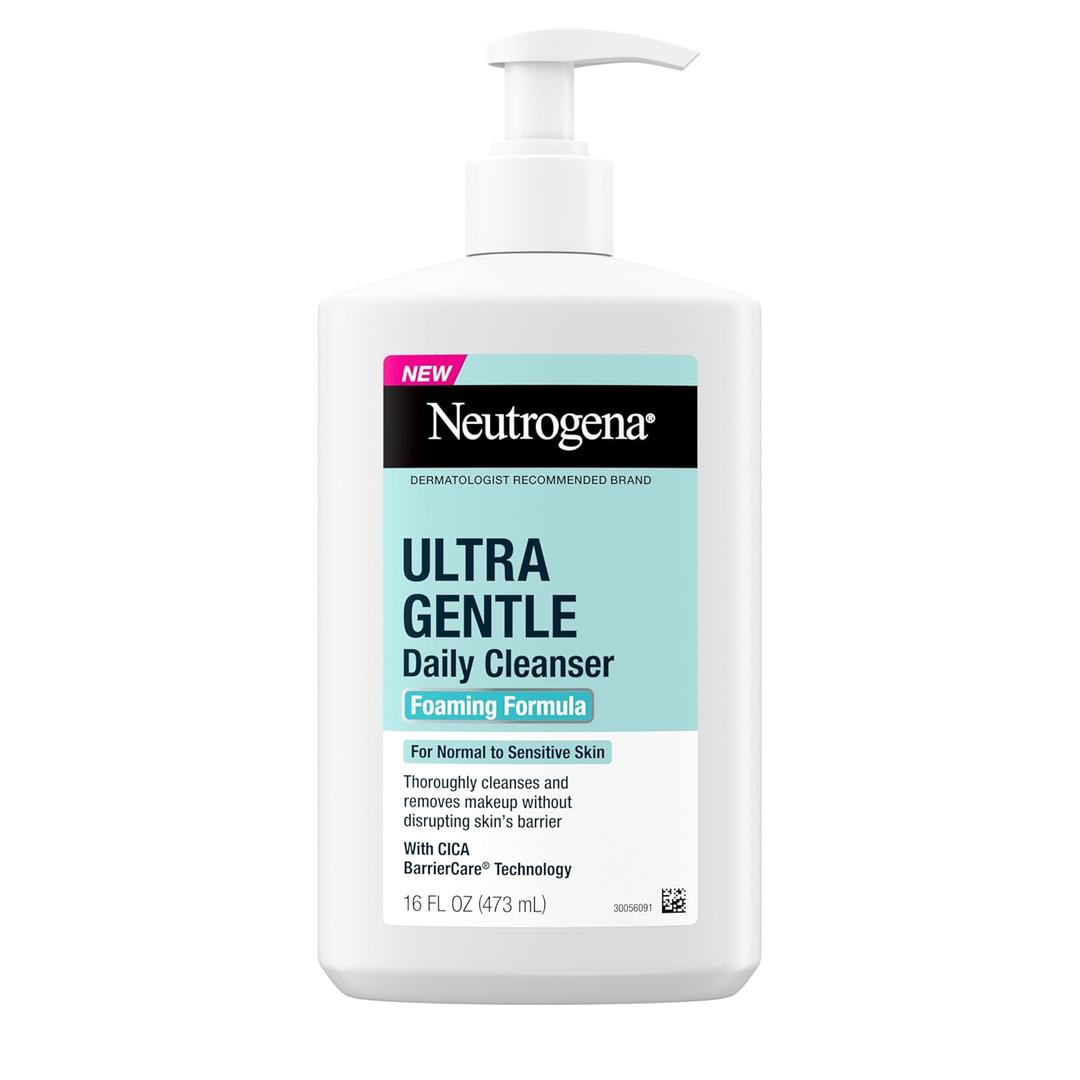 Neutrogena Ultra Gentle Foaming Facial Cleanser, Fragrance Free Hydrating Face Wash for Sensitive Skin, Daily Non Over Drying Makeup Remover, Hypoallergenic, Soap & Dye Free, Non-Comedogenic, 16 Fl Oz