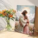 Jesus Hugging Woman Canvas Wall Art, Embracing Woman Safe in His Arms Decor Picture, Christian Paintings Prints Christ Poster for Bedroom Living Room Dining Home Healing Embrace Print Church Decoration