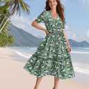 YESNO Summer Floral Midi Dresses for Women V Neck Puff Short Sleeve Frill Trim Dress with Pockets EVX (XXXL)