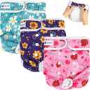 Pet Soft Washable Female Diapers (3 Pack) Female Dog Diapers, Comfort Reusable Doggy Diaper for Girl Dog in Period Heat (Cute Flower, M) (Medium:14''-19'')