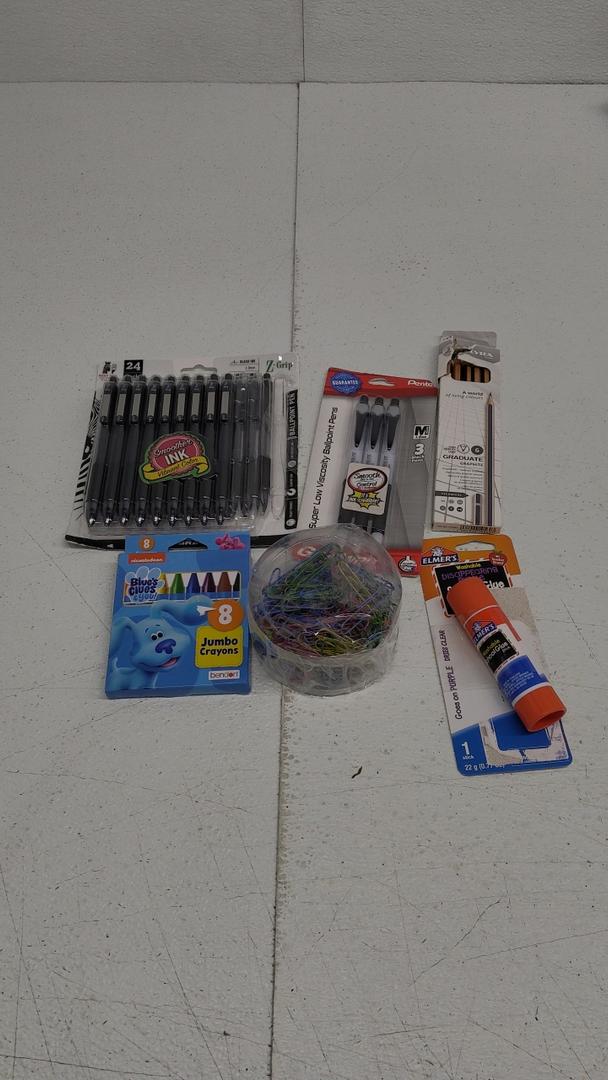 Mixed Stationery Items Pens, Pencils, Paper Clips, Crayons, Glue