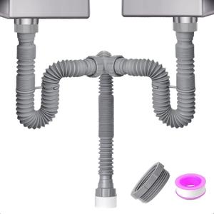 Cinsda Double Sink Drain Kit, Flexible Sink Drain Pipe 1-1/2 & 1-1/4 P Trap Fits Sink Bowl Drain, Expandable Plumbing Kit for Kitchen, Bathroom, Gray