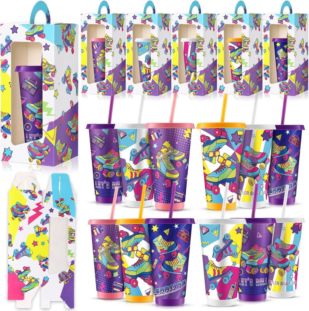 Tellingyou 24 Pcs Roller Skate Party Favors 12 Pcs 24 oz Roller Skate Plastic Cups with Lids and Straws 12 Tumbler Gift Box with Handle for Sports Theme Party Decoration Adults Birthday Supplies